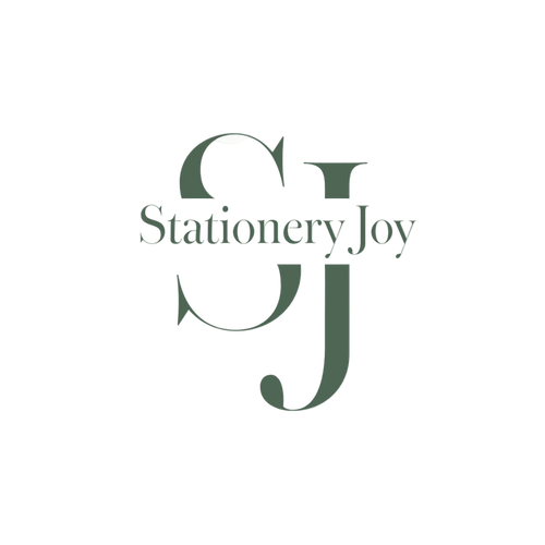 A minimalist logo featuring a stylized interlocking 'SJ' monogram and the words 'Stationery Joy' in dark green serif typography on a solid off-white background.